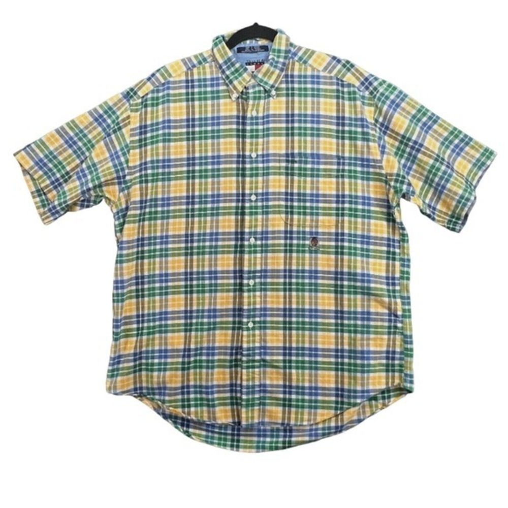 Vintage Tommy Hilfiger Shirt Mens Size L Yellow Green Blue Button Down 90s y2K